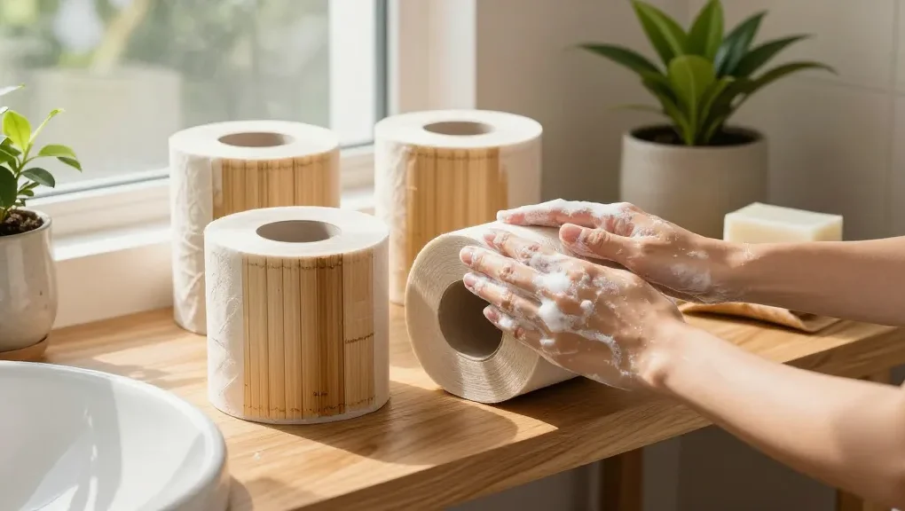 Bamboo Loo Rolls showcased in a bright eco-friendly bathroom with plants.