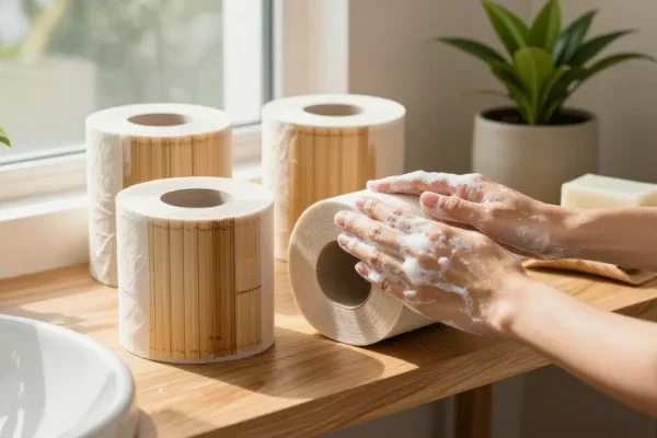 Bamboo Loo Rolls showcased in a bright eco-friendly bathroom with plants.
