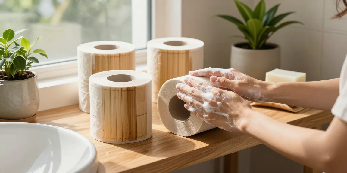 Bamboo Loo Rolls showcased in a bright eco-friendly bathroom with plants.